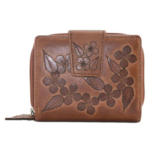 Mala Leather Wild Bloom Floral Tab Geldbörse Echtes Hellbraunes Leder Geldbörse mit Applikation Blumen - RFID Schutz, 4 Kartenfächer, Ausweisfenster & Münzfach - 10,5 x 8 x 3 cm, hautfarben, 10.5 x 8 von Mala Leather