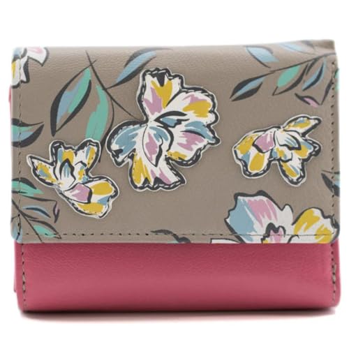 Mala Leather Zinnia Flower Tri-Fold Geldbörse - Echtes Leder - Blumenapplikation - 9 Kartenfächer, 2 Ausweisfenster, Münzfach mit Reißverschluss - Grau/Rosa oder Lila/Grau - 11 x 9 x 3,5 cm, rose, M von Mala Leather