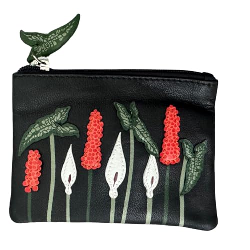 Münzbörse Aurora Floral by Mala - Echtes Leder Kleines Reißverschluss-Geldbörse mit Applikation Blumen, RFID Schutz, Kartenfach & Schlüsselanhänger - 12 x 8,5 x 1 cm - Schwarz von Mala Leather