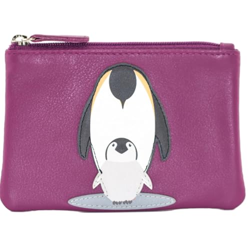 Münzbörse aus echtem Leder – Süßes Mum & Baby Pinguin Design – Reißverschluss oben kleine Kleingeldbörse mit Applikationen – Geldbörse im Taschenformat für Münzen & Bargeld – 12,5 x 8,5 cm, magenta von Mala Leather