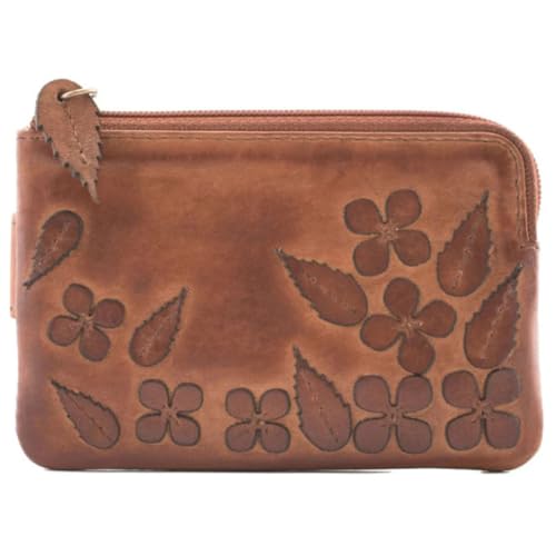 Wild Bloom Floral Coin & Card Purse by Mala Leather - Echtes hellbraunes Leder mit Applikation Blumen, RFID Schutz, 4 Kartenfächer, Schlüsselanhänger & Münzfach mit Reißverschluss - 12 x 8,5 x 1 cm von Mala Leather