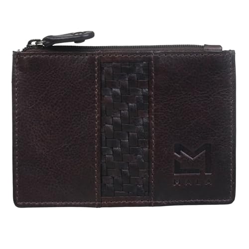 Mala Oxford Karten- & Münzbörse Leder - Echtes braunes Leder mit gewebter Vorderseite - 3 Kartenfächer, Einsteckfach & Münzfach mit Reißverschluss - Kompakte Geldbörse 12 x 8,5 x 1 cm von Mala