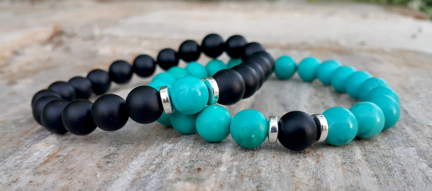Paare Armband, Türkis Und Schwarzer Onyx Edelstein Passende Armbänder, Beziehung, Hochzeit, Jahrestag, Geschenk Zum Valentinstag von MalaLovebeads
