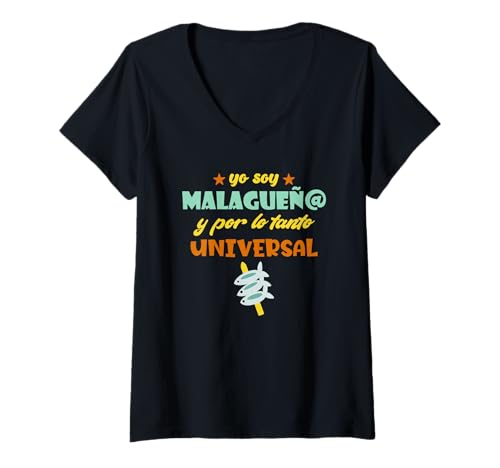 Damen Ich Bin Malagueño Universal T-Shirt mit V-Ausschnitt von Málaga Carácter Sonia Pascual Illustrations