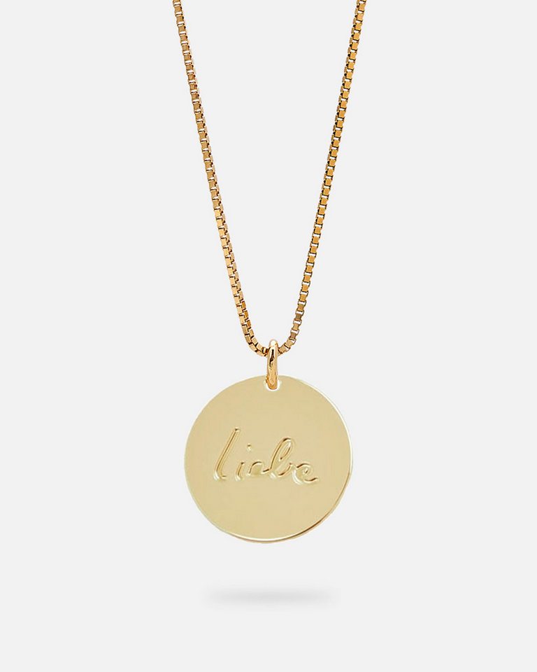 Malaika Raiss Kette mit Anhänger Liebe Plaquette Halskette Damen Gold mit runder Anhänger Gravur 50 cm, Silber 925, 24 Karat vergoldet von Malaika Raiss