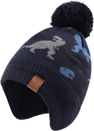 Baby Dinosaurier Marineblaue Pom-Pom Mütze Winter Warm Kinder gestrickte Ohrenschützer Mütze Fleece-Futter Ski Schädellkappe für 2-4 Jahre Jungen Mädchen von Malaxlx