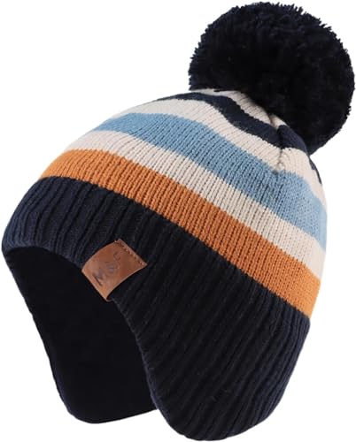 Baby Gestreifte Marineblaue Pom-Pom Mütze Winter Warm Kleinkind gestrickte Ohrenschützer Mütze Fleece-Futter Ski Schädellkappe für 6-24 Monate Jungen Mädchen von Malaxlx