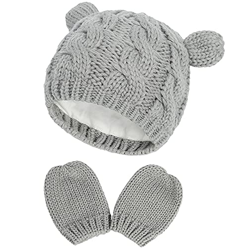 Baby Winter Mütze Handschuhe Set – Warme gestrickte Mütze und Handschuhe für 0-3 Monate alte Mädchen und Jungen (Grau) von Malaxlx