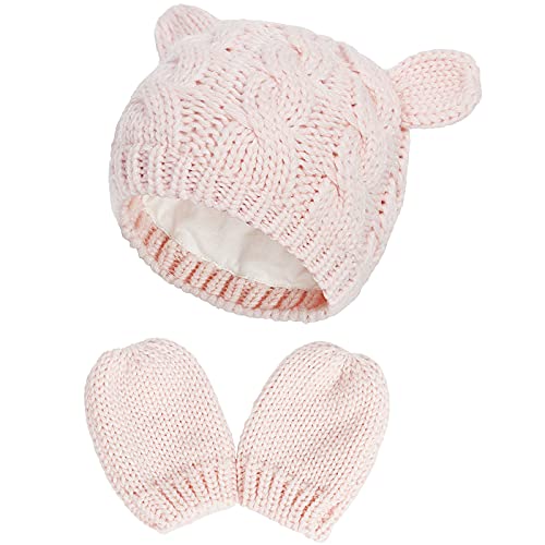 Baby Winter Mütze Handschuhe Set – Warme gestrickte Mütze und Handschuhe für 0-3 Monate alte Mädchen und Jungen (Rosa) von Malaxlx