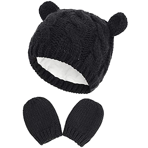 Baby Winter Mütze Handschuhe Set – Warme gestrickte Mütze und Handschuhe für 3-6 Monate alte Mädchen und Jungen (Schwarz) von Malaxlx