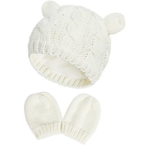 Baby Winter Mütze Handschuhe Set – Warme gestrickte Mütze und Handschuhe für 3-6 Monate alte Mädchen und Jungen (Weiß) von Malaxlx