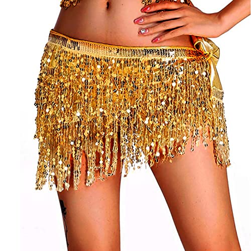 Damen Gold Pailletten Fransen Hüfttuch Rock Gürtel Tanzrock Strand Wickelrock Bauchtanz Kostüm für Festival Party Karneval von Malaxlx