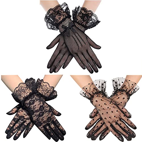 Malaxlx 3 Paar Damen Kurz Spitzen Handschuhe Elegante Blumen Sommer Handschuhe für Hochzeit Abendessen Party Kostüm von Malaxlx