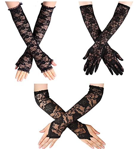 Malaxlx 3 Paar Damen Lang Spitzen Handschuhe Elegante Blumen Fingerlose Handschuhe für Hochzeit Abendessen Party Kostüm von Malaxlx