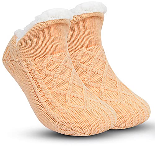 Malaxlx Aprikose Pantoffelsocken für Damen Herren, Flauschige Warme Hüttensocken Gestrickt Dicken Fleece Gefüttert Grippers Anti Rutsch Winter Zuhause Pantoffel Socken von Malaxlx