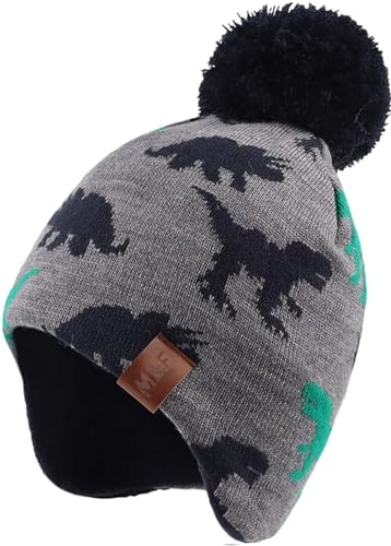 Malaxlx Baby Dinosaurier Graue Pom-Pom Mütze Winter Warm Kleinkind gestrickte Ohrenschützer Mütze Fleece-Futter Ski Schädellkappe für 6-24 Monate Jungen Mädchen von Malaxlx