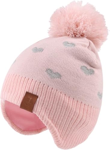Malaxlx Baby Rosa Herz Pom-Pom Mütze Winter Warm Kleinkind gestrickte Ohrenschützer Mütze Fleece-Futter Ski Schädellkappe für 6-24 Monate Jungen Mädchen von Malaxlx