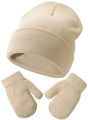 Malaxlx Beige Kinder Mütze Handschuhe Set – Kleinkind Winter Warm gestrickte Mütze Handschuhe Set für 2-6 Jahre Mädchen Jungen von Malaxlx