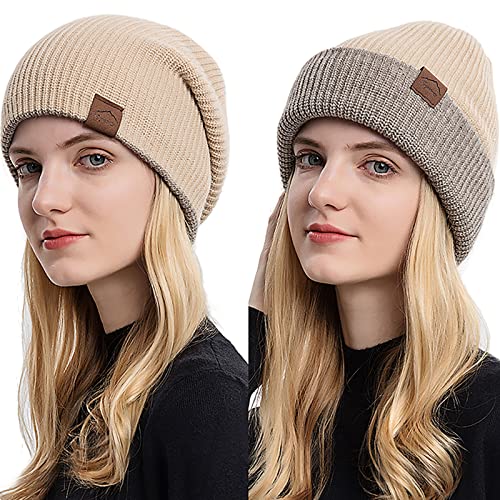 Malaxlx Beige Wintermütze Strickmützen Beanie Mütze für Damen Herren Warme Reversible Cuffed Beanie Hut Double Layer Slouch Running Ski Skull Cap von Malaxlx