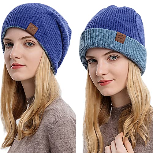 Malaxlx Blau Wintermütze Strickmützen Beanie Mütze für Damen Herren Warme Reversible Cuffed Beanie Hut Double Layer Slouch Running Ski Skull Cap von Malaxlx