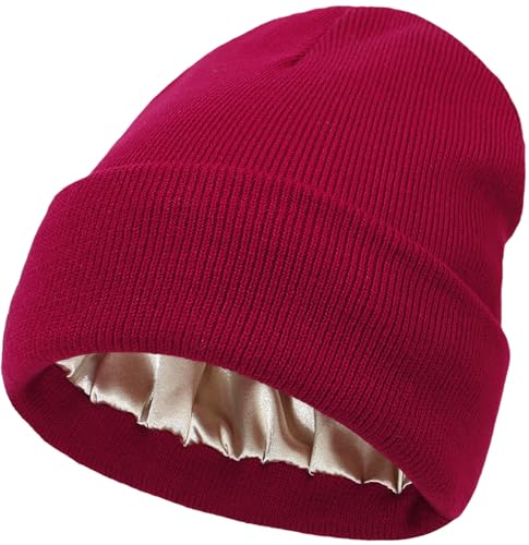 Malaxlx Burgunderrot Wintermütze Beanie Mütze Strickmütze Satin Gefüttert Weiche Warme Slouchy Cuffed Beanie für Damen Herren von Malaxlx