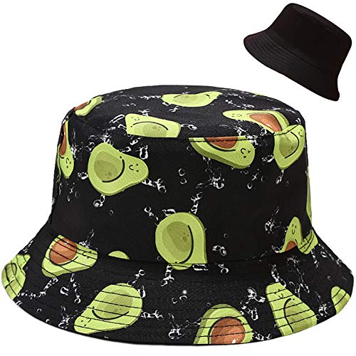 Malaxlx Damen Avocado Druck Schwarz Fischerhüte Sonnenhut Strandhut Fishermütze Sommerhut Draussenhut Faltbarer Reversibel von Malaxlx