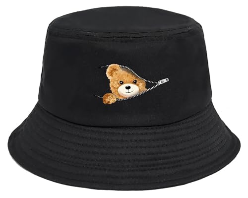 Malaxlx Damen Bär Schwarz Fischerhut Bucket Hat Anglerhut Sonnenhut Fischerhüte Sommerhut Faltbarer Strandhut Draussenhut von Malaxlx