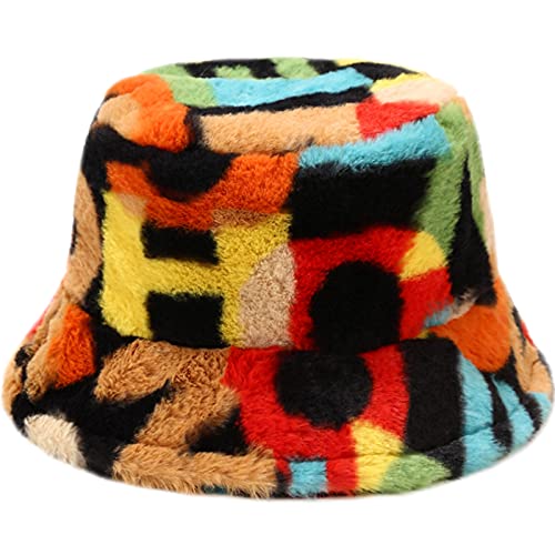 Malaxlx Damen Bunte Zahlen Briefe Plüsch Fischerhut Wintermütze Flauschige Bucket Hat Warme Anglerhut von Malaxlx
