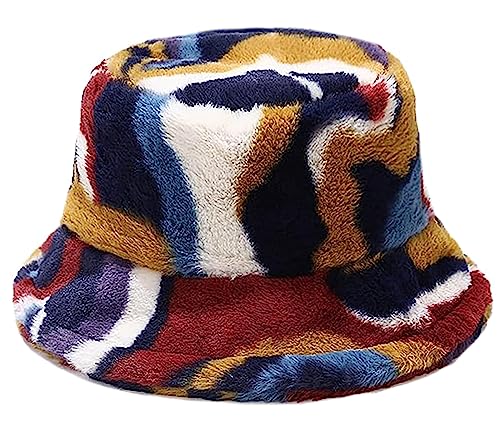 Malaxlx Damen Buntes Plüsch Fischerhut Wintermütze Flauschige Bucket Hat Warme Anglerhut von Malaxlx