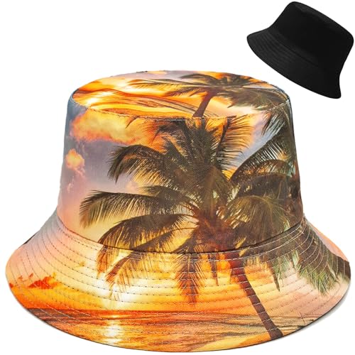 Malaxlx Damen Fischerhut Bucket Hat Sonnenhut Anglerhut Reversibel Fischerhüte Strandhut Sommerhut Faltbarer Draussenhut Kokosnussbaum von Malaxlx