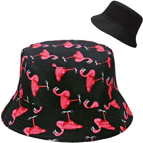 Malaxlx Damen Flamingo Schwarz Muster Fischerhut Bucket Hat Anglerhut Sonnenhut Reversibel Fischerhüte Sommerhut Faltbarer Strandhut Draussenhut von Malaxlx