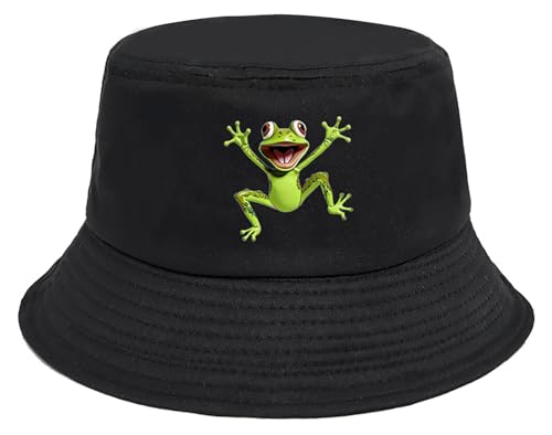 Malaxlx Damen Frosch Schwarz Fischerhut Bucket Hat Anglerhut Sonnenhut Fischerhüte Sommerhut Faltbarer Strandhut Draussenhut von Malaxlx