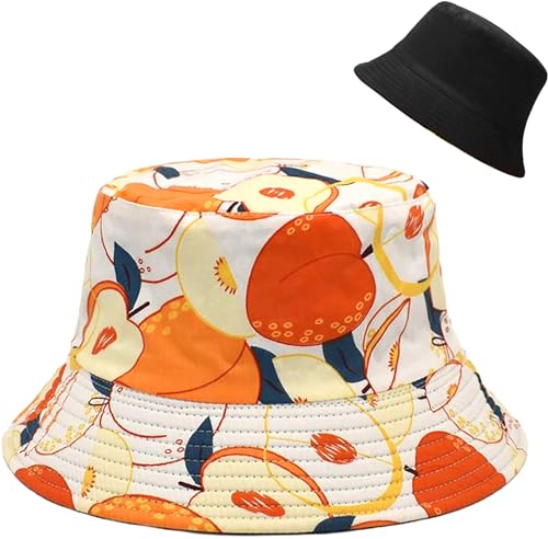 Malaxlx Damen Gelb Pfirsich Muster Fischerhut Bucket Hat Anglerhut Sonnenhut Reversibel Fischerhüte Sommerhut Faltbarer Strandhut Draussenhut von Malaxlx