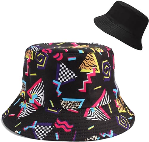 Malaxlx Damen Geometrisch Schwarz Muster Fischerhut Bucket Hat Anglerhut Sonnenhut Reversibel Fischerhüte Sommerhut Faltbarer Strandhut Draussenhut von Malaxlx