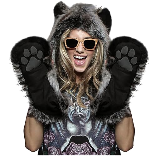 Malaxlx Damen Herren Winter Kunstpelz Flauschig Pelzigen Grauer Wolf Tier Kapuze Mütze mit Ohren Schal Pfoten Prints Tasche Handschuhe 3 in 1 Combo von Malaxlx