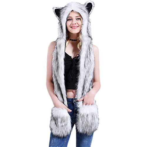 Malaxlx Damen Herren Winter Kunstpelz Flauschig Pelzigen Husky Tier Kapuze Mütze mit Ohren Schal Pfoten Prints Tasche Handschuhe 3 in 1 Combo von Malaxlx