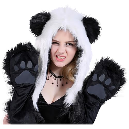 Malaxlx Damen Herren Winter Kunstpelz Flauschig Pelzigen Panda Tier Kapuze Mütze mit Ohren Schal Pfoten Prints Tasche Handschuhe 3 in 1 Combo von Malaxlx