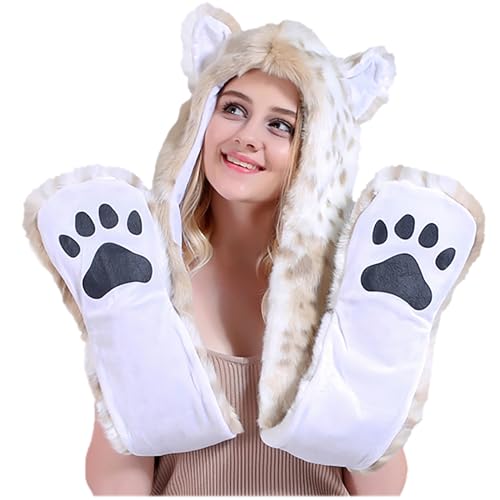 Malaxlx Damen Herren Winter Kunstpelz Flauschig Pelzigen Schneeleopard Tier Kapuze Mütze mit Ohren Schal Pfoten Prints Tasche Handschuhe 3 in 1 Combo von Malaxlx
