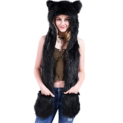 Malaxlx Damen Herren Winter Kunstpelz Flauschig Pelzigen Schwarz Katze Tier Kapuze Mütze mit Ohren Schal Pfoten Prints Tasche Handschuhe 3 in 1 Combo von Malaxlx