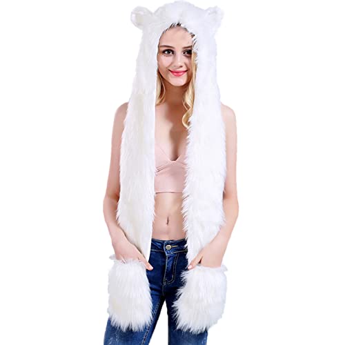 Malaxlx Damen Herren Winter Kunstpelz Flauschig Pelzigen Weiß Bär Tier Kapuze Mütze mit Ohren Schal Pfoten Prints Tasche Handschuhe 3 in 1 Combo von Malaxlx