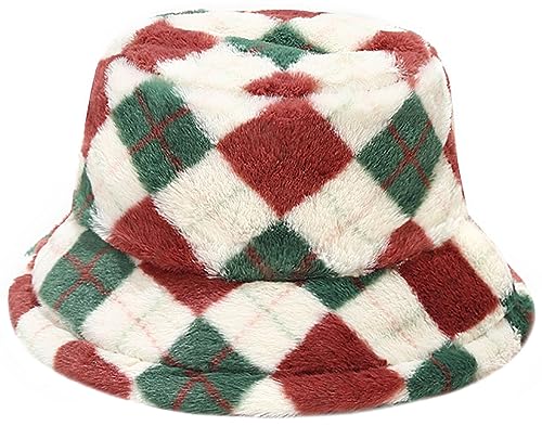 Malaxlx Damen Kariert Rot Beige Plüsch Fischerhut Wintermütze Flauschige Bucket Hat Warme Anglerhut von Malaxlx