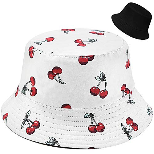 Malaxlx Damen Kirsche Weiß Muster Fischerhut Bucket Hat Anglerhut Sonnenhut Reversibel Fischerhüte Sommerhut Faltbarer Strandhut Draussenhut von Malaxlx