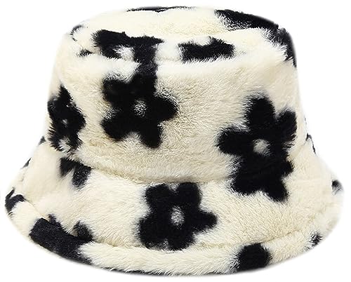 Malaxlx Damen Kleine Blume Plüsch Fischerhut Wintermütze Flauschige Bucket Hat Warme Anglerhut von Malaxlx