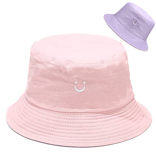 Malaxlx Damen Lächeln Gesicht Bestickt Rosa Lila Fischerhut Bucket Hat Anglerhut Reversibel Fischerhüte Sonnenhut Sommerhut Faltbarer Draussenhut von Malaxlx