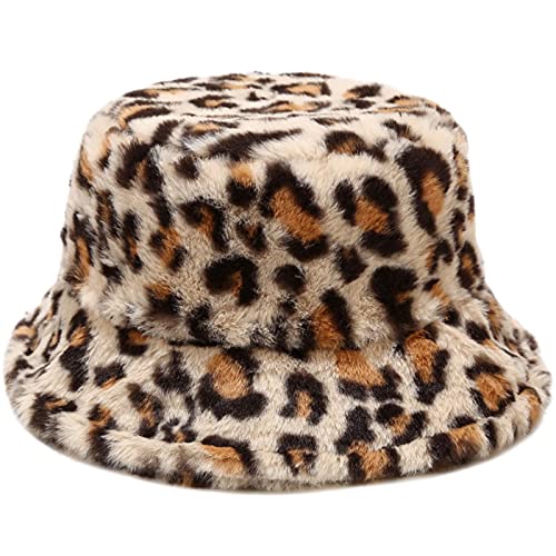 Malaxlx Damen Leopard Beige Plüsch Fischerhut Wintermütze Flauschige Bucket Hat Warme Anglerhut von Malaxlx