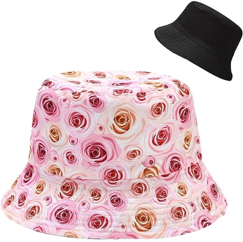 Malaxlx Damen Pink Rose Muster Fischerhut Bucket Hat Anglerhut Sonnenhut Reversibel Fischerhüte Sommerhut Faltbarer Strandhut Draussenhut von Malaxlx