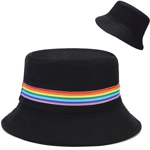 Malaxlx Damen Regenbogen Schwarz Fischerhut Bucket Hat Anglerhut Sonnenhut Reversibel Fischerhüte Sommerhut Faltbarer Strandhut Draussenhut von Malaxlx
