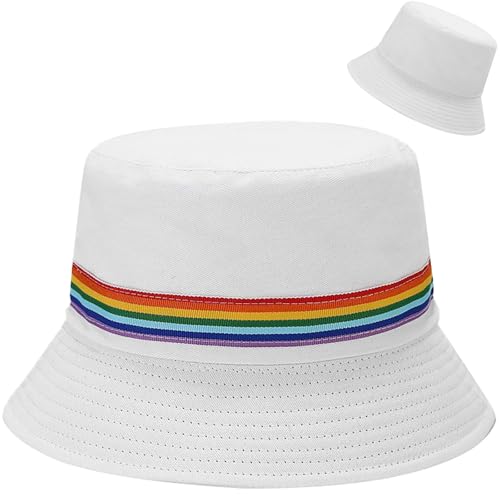 Malaxlx Damen Regenbogen Weiß Fischerhut Bucket Hat Anglerhut Sonnenhut Reversibel Fischerhüte Sommerhut Faltbarer Strandhut Draussenhut von Malaxlx