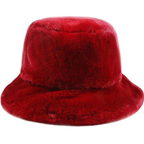 Malaxlx Damen Rot Plüsch Fischerhut Wintermütze Flauschige Bucket Hat Warme Anglerhut Pelzig Eimer Hut Fischermütze von Malaxlx