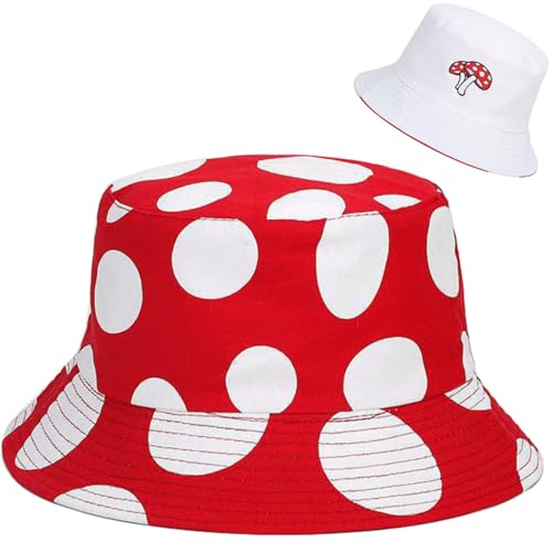 Malaxlx Damen Rot Weiß Pilz Fischerhut Bucket Hat Anglerhut Reversibel Fischerhüte Sonnenhut Sommerhut Faltbarer Draussenhut von Malaxlx